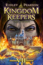 The book cover for "Kingdom Keepers VII: The Insider," which shows Disneyland's castle on fire in front of the Evil Queen's face